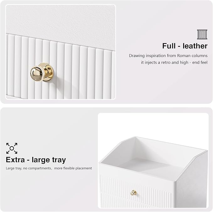 LADSTAG Office Accessories,Begie White Vegan Leather Office Supplies with 3 Drawers & Tray for Desk,Perfume Organizer with Gold-Tone Metal Accents Knob for End Tables,Bedside Table,Bedroom