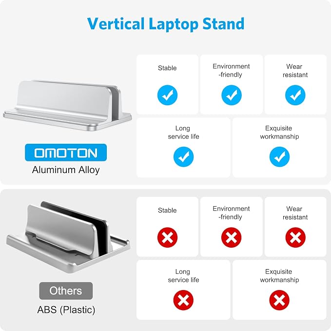 OMOTON Vertical Laptop Stand Holder, Adjustable Dock for MacBook, Silver | Aluminum Stand for MacBook Stand, Fits Chromebook & Gaming Laptops up to 17.3 in, Office Desk Organization, Space-Saving