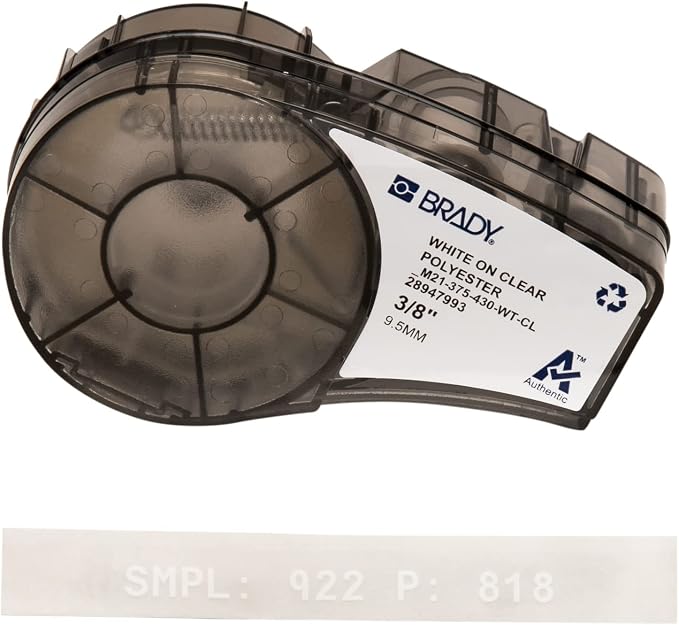 Brady Authentic (M21-375-430-WT-CL) Harsh Environment Polyester Label for Lab, Asset Tracking and Datacom, White on Clear- For M210, M210-LAB, M211, BMP21-PLUS and BMP21-LAB Printers, 0.375" W, 21' L