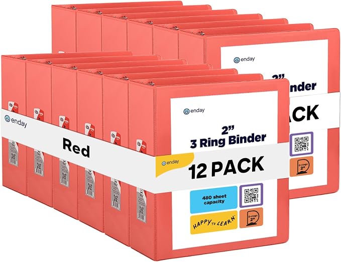 Enday 2 inch 3 Ring Binder (12 Pack - Red) Binder 2 inch with Clear View Cover and 2 Inside Pocket - for Letter Size 8.5 x 11'' Paper, Ideal for School Supplies, Office, and Home