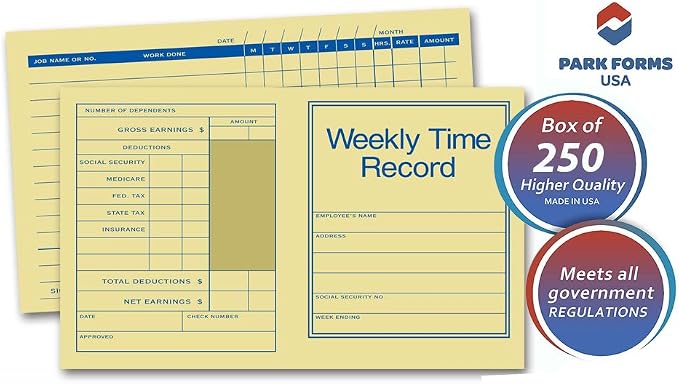 Park Forms Preprinted Pocket Size Weekly Time Records Sheet for Employee, 7 x 4 1/4" Sheet, 250 Count