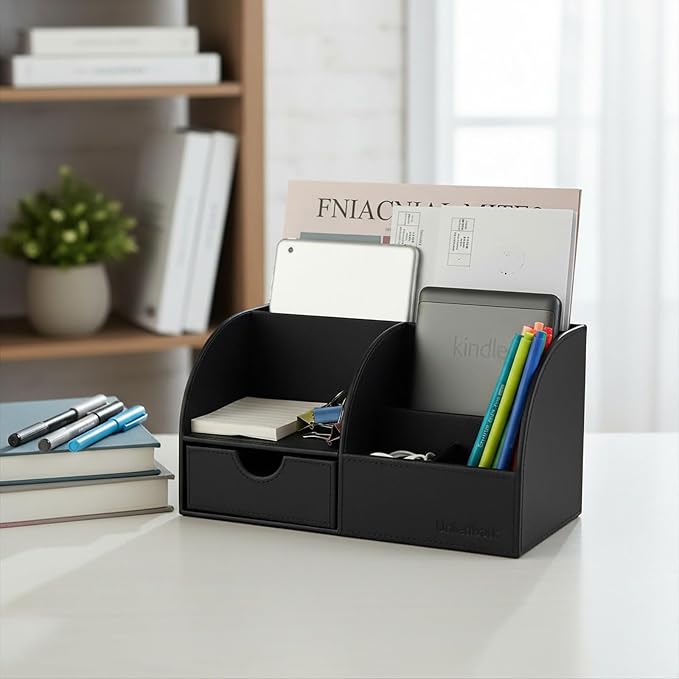 UnionBasic Desk Organizer - Multifunctional Leather Desktop Pen Holder Storage Box - Business Card/Pen/Pencil/Mobile Phone/Stationery Holder, Black
