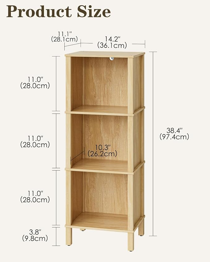 Bookshelf, Modern 3-Tier Bookcase, Open Storage Book Shelf, 11 × 14.2 × 38.9 Inches, Small Narrow Bookshelves for Living Room, Home Office, Bedroom, Natural