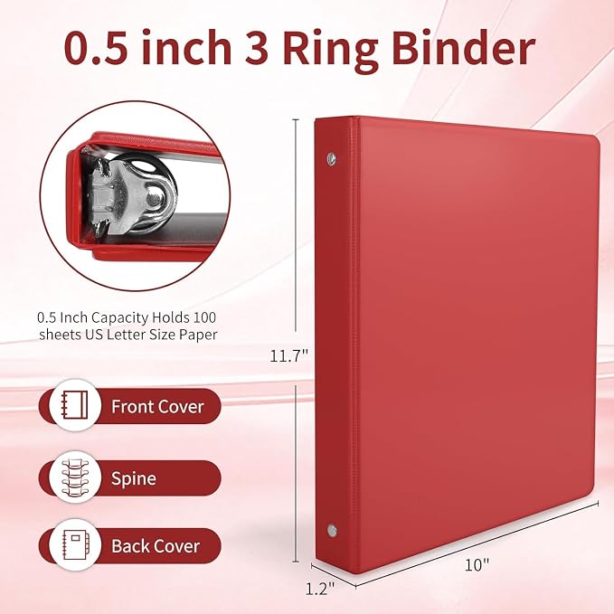 SUQJOY 0.5 Inch 3 Ring Binders with 2 Interior Pockets, 6 Pack Assorted Rainbow Colors, Durable 1/2 In Binders for US Letter Size 8.5 x 11 Inches Paper, Ideal for School, Office, and Home Organization