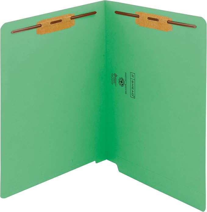 Smead End Tab Fastener File Folder, Shelf-Master® Reinforced Straight-Cut Tab, 2 Fasteners, Letter Size, Green, 50 per Box (25140)