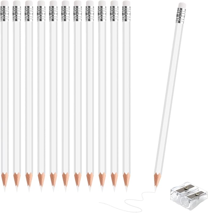 12 PCS White Colored Pencils with Eraser Pre Sharpened Pencil 2 HB - Ideal for Checking, Grading, Tests & Office/School Supplies (White)