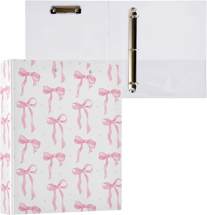 Pink Coquette Bow Binder 1.5 Inch Binder with Clipboard&Pockets, Cute Preppy Bowknot Hardcover Binders 3 Ring, Heavy Duty Large Bows File Folder for Office School Supplies - Holds 200 Sheets