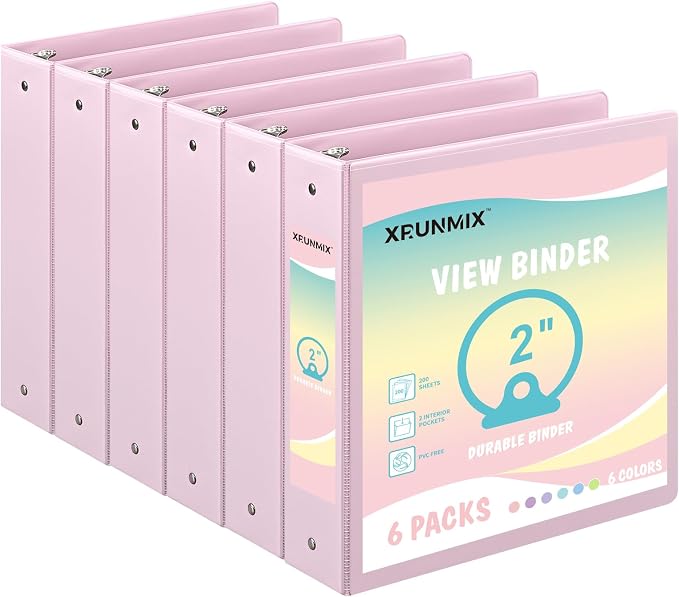 2-inch 3-Ring Binder with Pockets, Basic Binders 1''2'' Color Binders, Holds Letter Size 8.5'' x 11'',450 Sheet Capacity, Bundle 6 Pack for Back to School (2'' Pink- 6 Packs)