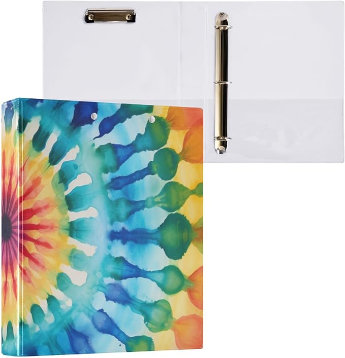 3 Ring Binder Rainbow Tiedye Aa 1.5 inch Binders Three Ring Binders with Clipboard Fit 8.5'' x 11'' Paper 3 Interior PVC Clear Pockets for Office Supplies
