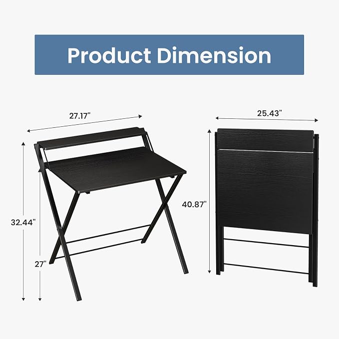 DUMOS Folding Desk with Shelf, No Assembly Computer Desk, Small Space Black | Foldable Desk with Shelf Saves Space for Bedroom, Office and Dorm Use