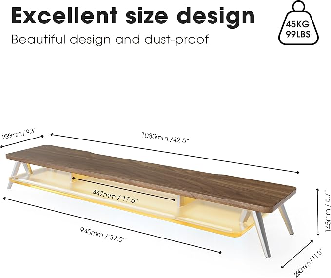 Fenge Dual Monitor Stand Riser with Phone & Tablet Slot, Brown | Thickened Frosted Acrylic Shelf, Aluminum Legs, 2-Tier Storage, 42.5-Inch Desk Shelf for Gaming, Home Office & Streaming