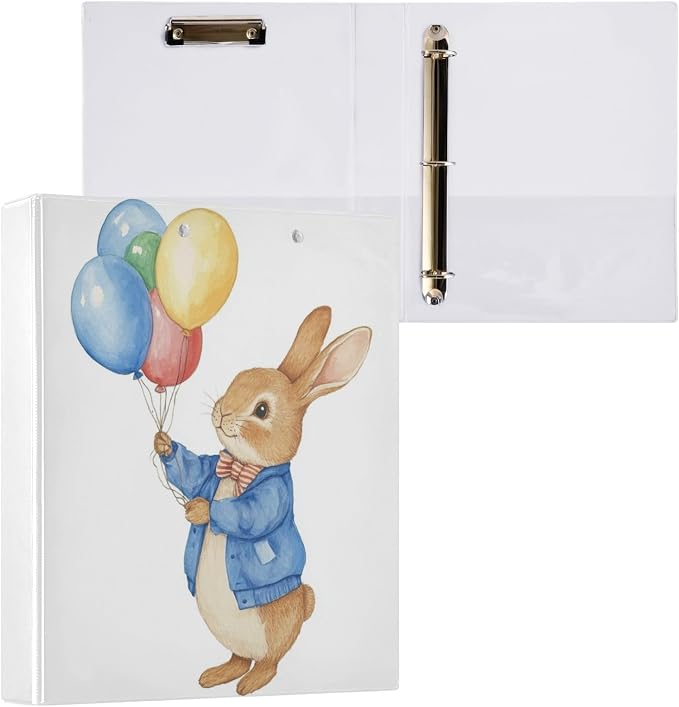 Colorful Balloon Rabbit Binder 1.5 Inch Binder with Clipboard&Pockets, Cute Bunny Hardcover Binders 3 Ring, Heavy Duty Large File Folder for Office School Supplies-Holds 200 Sheets, 2 Pack