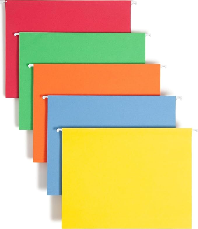 Smead Standard Hanging File Folders, 25 Count, Assorted Primaries, 1/5-Cut Adjustable Tabs, Letter Size (64059)