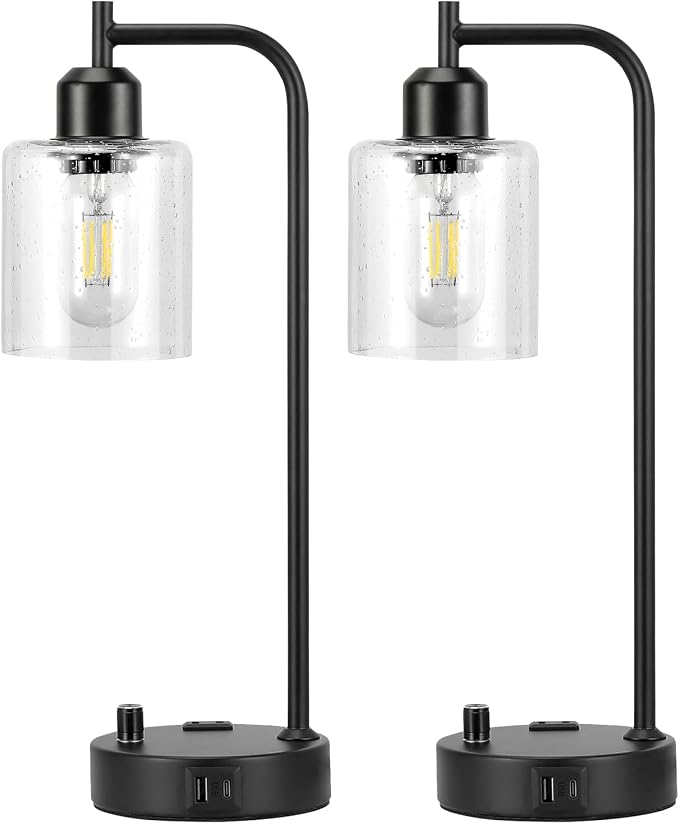 Industrial Bedside Lamps Set of 2, Fully Dimmable Desk Lamps for Bedroom | Glass Shade, USB C+A Charging Port & Outlet, Black Nightstand Table Lamps for Living Room, Office, Reading, Vintage