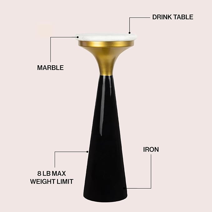 JONATHAN Y Oliver 8" Round Marble Pedestal Drink Table, Black/White/Gold | 22.25" High Modern Martini Cocktail Accent Stand, Small Side Furniture, No Assembly, Mid-Century Glam Style