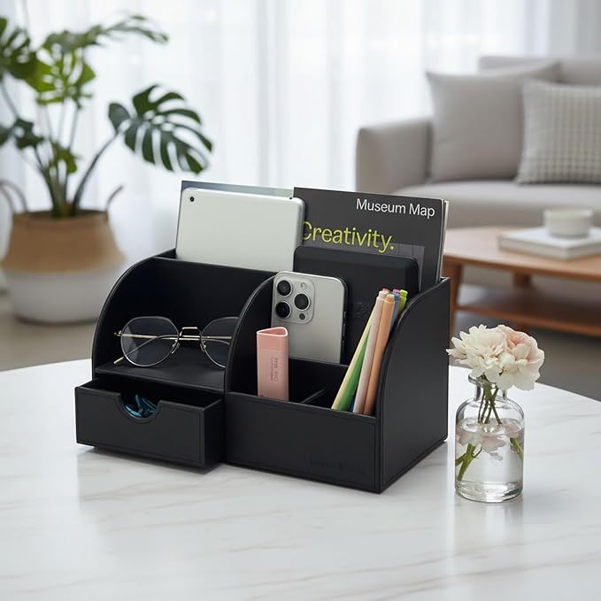 UnionBasic Desk Organizer - Multifunctional Leather Desktop Pen Holder Storage Box - Business Card/Pen/Pencil/Mobile Phone/Stationery Holder, Black
