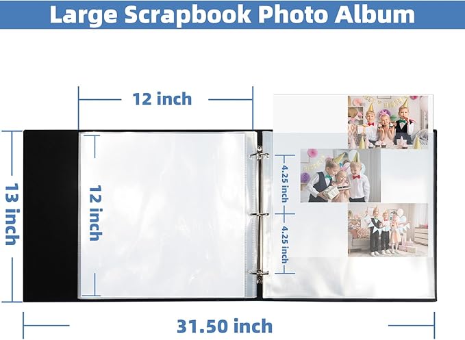 Leather Photo Memory Book 12x12 in, 50 Sleeves Black | 3-ring scrapbook album, 100 pages, PVC protected acid-free, for wedding travel family