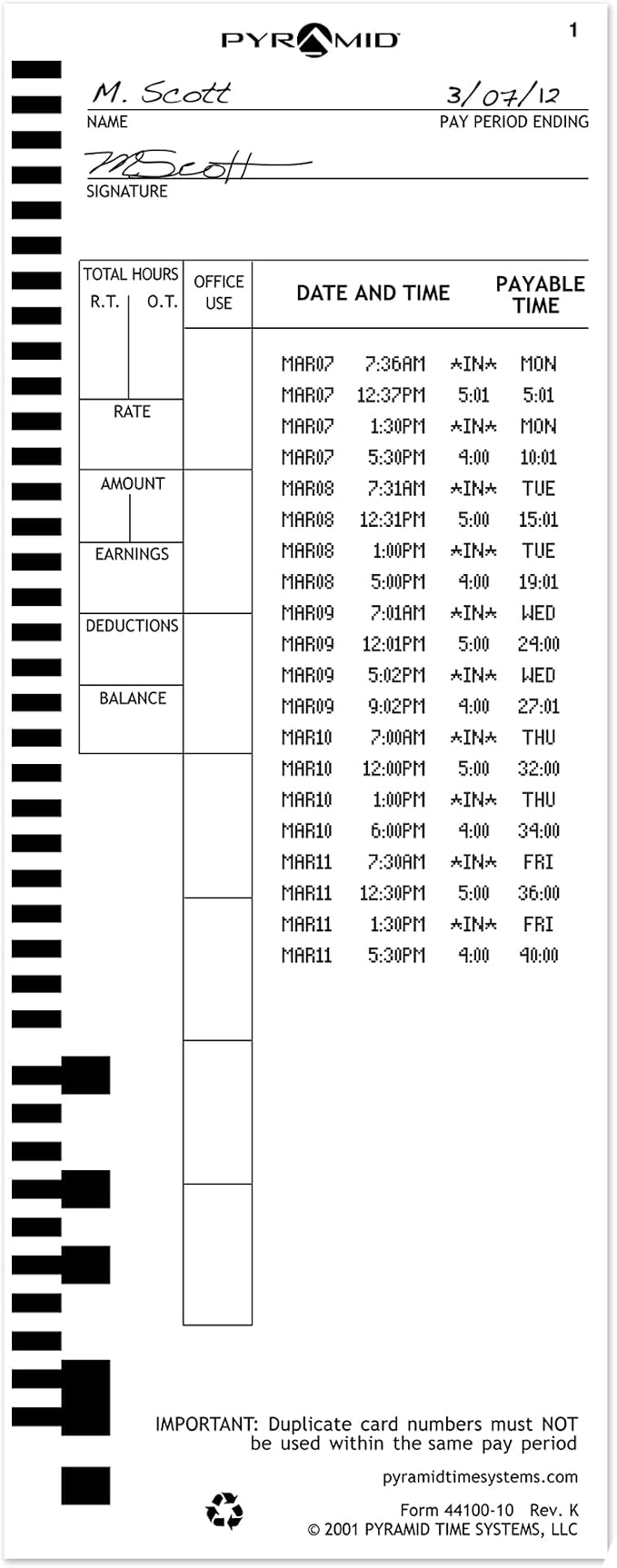 Pyramid Time Systems 44100-10PK5 500 Count Genuine Time Cards | Authentic Time Cards for 4000, 4000Pro, 4000ProK and 5000 Series Time Clocks From Pyramid, White, 3.5 by 9 Inches