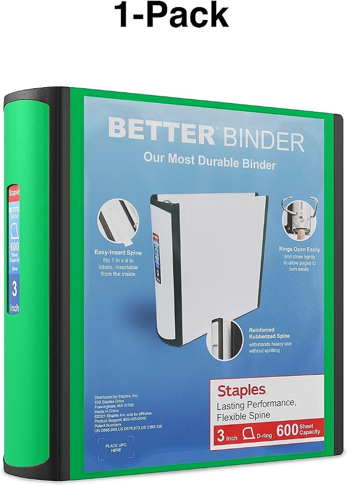 Staples Better Binder, 3 Inch D-Ring, Green, 600 Sheets, 2-Pack | Reinforced spine for durable organization in office, school, or presentations.