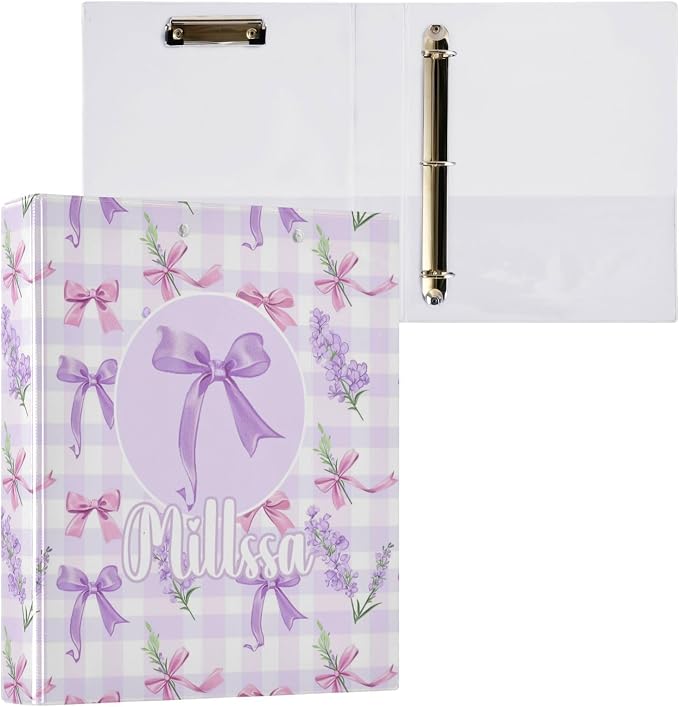 Lavender Ribbon 3 Ring Binder with Clipboard Round Ring Binders Bows Personalized Binder 3 Interior Clear Pockets for Office Supplies 2 Pack