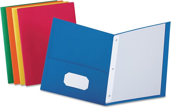 Twin Pocket Portfolios with Three Tang Fasteners, Assorted Colors, 25/Box (ESS57713)