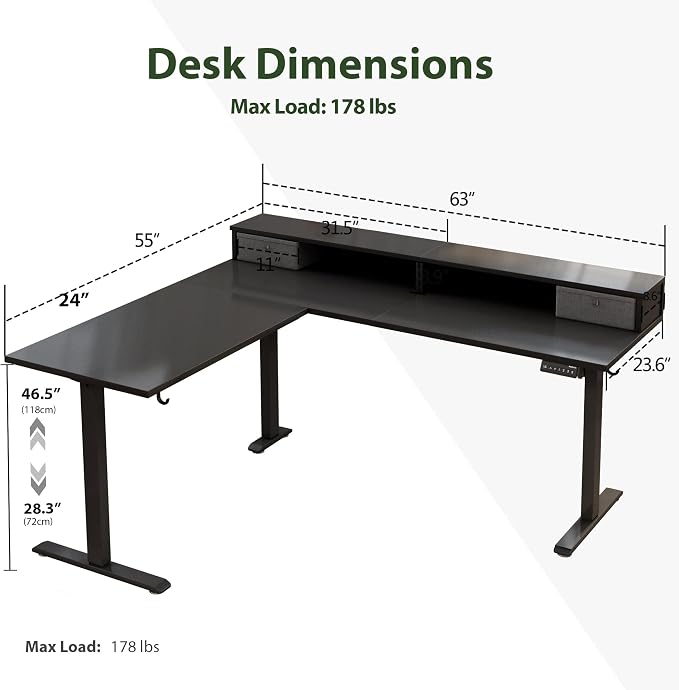 Agilestic 63 Inch L Shaped Electric Standing Desk with Drawer, Black | 2 Stroage Drawers, Monitor Shelf, Corner Desk, Ample Workspace, Memory Presets, Hooks, Stable Steel Frame,176 lbs