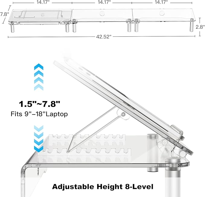 Clear Acrylic Dual Monitor Stand Riser,Laptop Riser Adjustable to 8 Angles | Double Computer monitor riser for desk for 2 Monitors,Desktop organizer Stand for Laptop,PC,Printer,TV，Cute Desk Accessories
