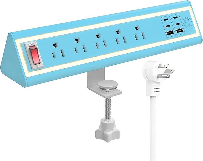 Desk Clamp Power Strip with Nightlight, 40W Fast Charging, 6FT Extension Cord, 4x20W USB-C & 2 USB Ports, 5 AC Outlets, Fits 1.69-Inch Table Edges