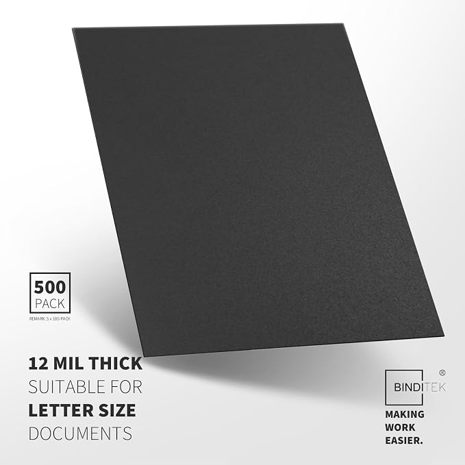 Binditek 12 Mil Sand-Textured Binding Covers, Letter Size, Black, 500 Pack | Plastic Binding Covers, 8.5" x 11", Subtle Matte Finish, Square Corners, Unpunched, Ideal for Business Reports and Proposals