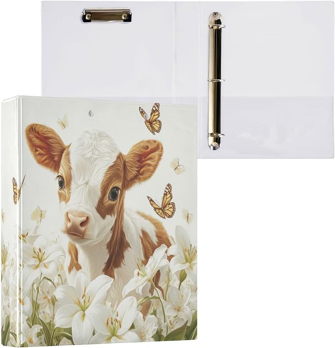 Caikeny 3 Ring Binder Cute Cow Floral Butterfly 1.5 Inch Binders Round Ring Clipboard with 2 Pockets for Office Supplies