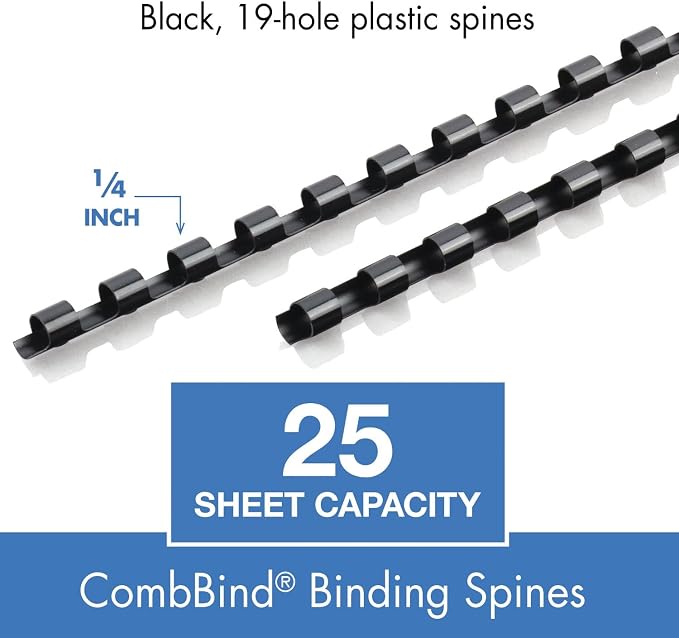 Mead CombBind Binding Spines/Spirals/Coils/Combs, 1/4", 25 Sheet Capacity, Black, 125 Pack (4000130)