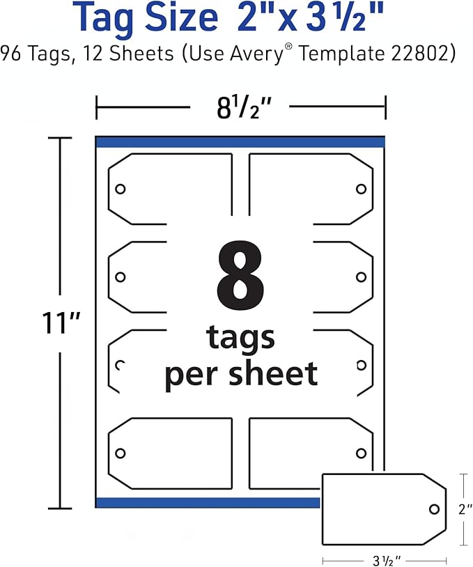 Avery Blank Printable Tags, Sure Feed Technology, 2" x 3.5", White, 96 Customizable Tags with String, Great for Branding, Gift Tags, Price Tags, and More (22802)