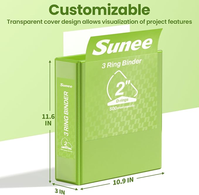 SUNEE 3 Ring Binder 2 Inch D Ring, Clear View Binder Three Ring PVC-Free (Fit 8.5x11 Inches) for School or Office Supplies, Tender Green, 1 Pack