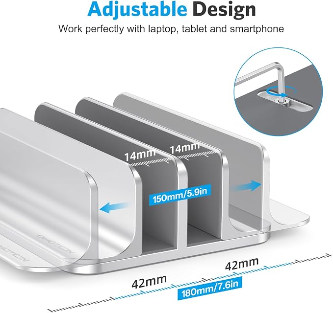 OMOTON Dual Vertical Desk Laptop Stand Holder, Fits MacBook Air/Pro, Silver | Aluminum Laptop Storage Rack for Desk, Adjustable Dock for Up to 17.3 in. Gaming Laptop, Space-Saving Desk Organizer