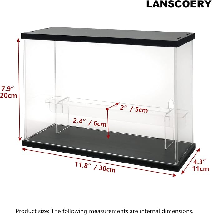 LANSCOERY Acrylic Display Case for Collectibles, 2-Tier LED Light, Black | 3mm clear acrylic panels with front door access and tri-color top light for small figures on a desk or shelf.