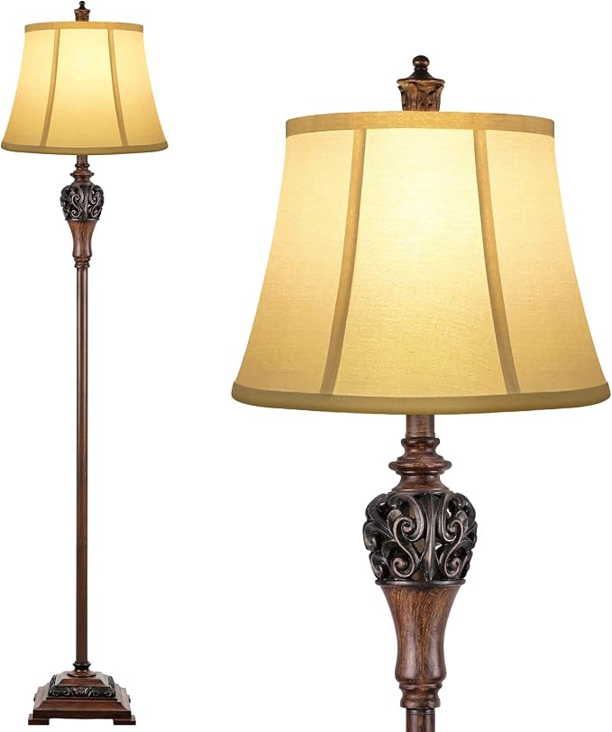 Vintage Floor Lamp for Living Room, Traditional Tall Standing Lamp | Eye-caring White Fabric Shade, Stable Antique Base, Farmhouse Rustic Design, Bright Floor Lighting