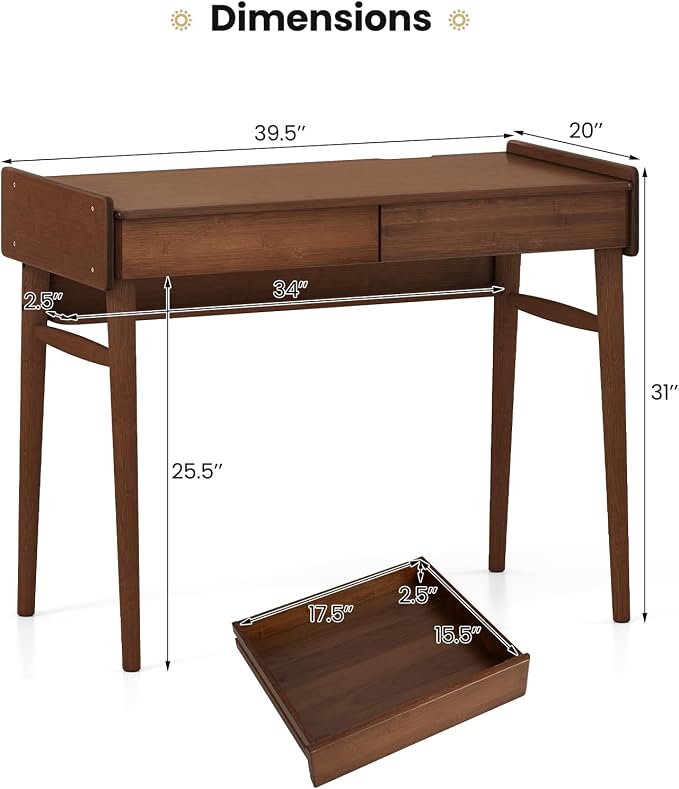 Giantex Mid Century Modern Desk, 39.5" Bamboo Computer Desk with 2 Drawers and Open Storage Shelf, Makeup Vanity Table, Wood Computer Workstation, Vintage Writing Desk for Bedroom, Walnut