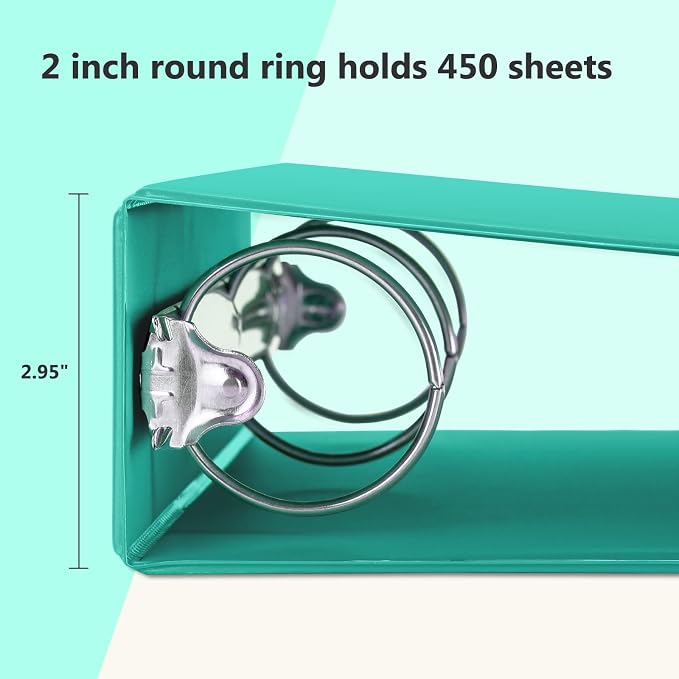 ViVin 2 Inch Round Ring View Binder for Durability, 6 Pack (Lake Green) | Standard 3 Ring Binder for 450 Sheets of US Letter Size Paper, PVC-Free, Clear Front Pocket, Office Home School Use