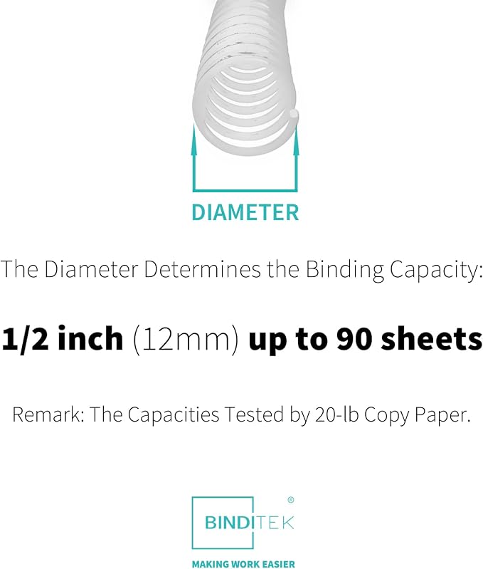 Binditek Plastic Spiral Binding Coils, 12 mm, 4:1 Pitch, White, 50 Pack | Coil Binding Spines, 1/2", 90 Sheet Capacity, 48 Loops, for Letter-Size Reports, Presentations, School and Office Projects