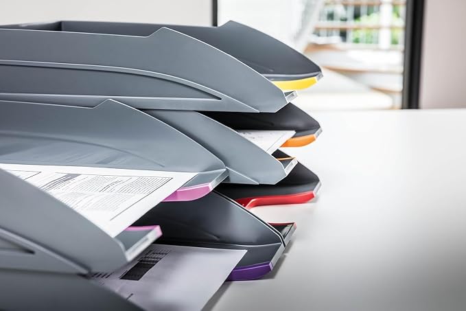 Durable VARICOLOR Gray Letter Tray - Set of 5 Stackable Color Coded Letter Trays - Letter Size Files - Perfect for Storing Documents and Paper Work