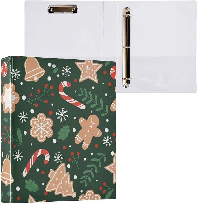 3 Ring Binder Christmas Gingerbread Snowflakes 1.5 inch Binders Three Ring Binders with Clipboard Fit 8.5'' x 11'' Paper 3 Interior PVC Clear Pockets for Office Supplies