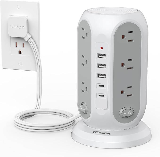 TESSAN Tower Power Strip Surge Protector, Flat Extension Cord 6 Ft, Grey | Individual Switches with 12 Outlets, 5 USB Ports(2 USB C), Flat Plug, Charging Station for Multiple Devices, Office, Dorm