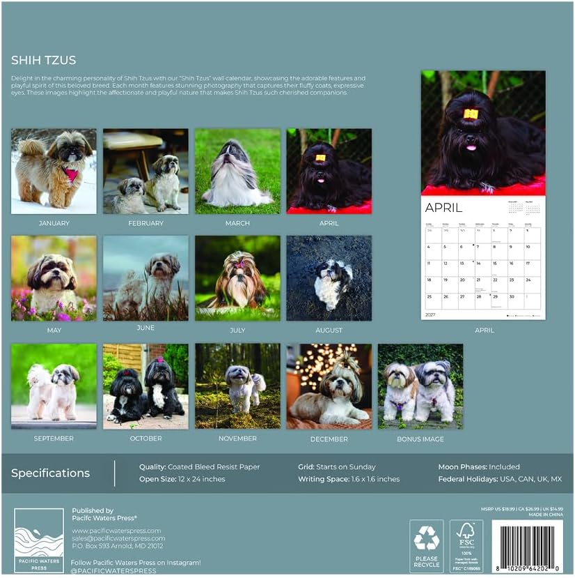 Shih Tzus 2027 Wall Calendar, 12 x 24 Hanging Pacific Waters Press