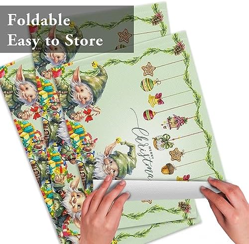 Merry Christmas Placemats Set of 6, Green Christmas Gnome Elf Heat Resistant Washable Table Place Mats Xmas Balls Cotton Table Linens Party Holiday Decor for Kitchen Dining Outdoor Indoor