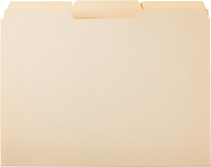 Amazon Basics Sturdy File Folders with Reinforced Tabs for Filing and Organization, 1/3-Cut Tab, Assorted Positions, Letter Size, 8.5x11 inches, Manila, 100-Pack