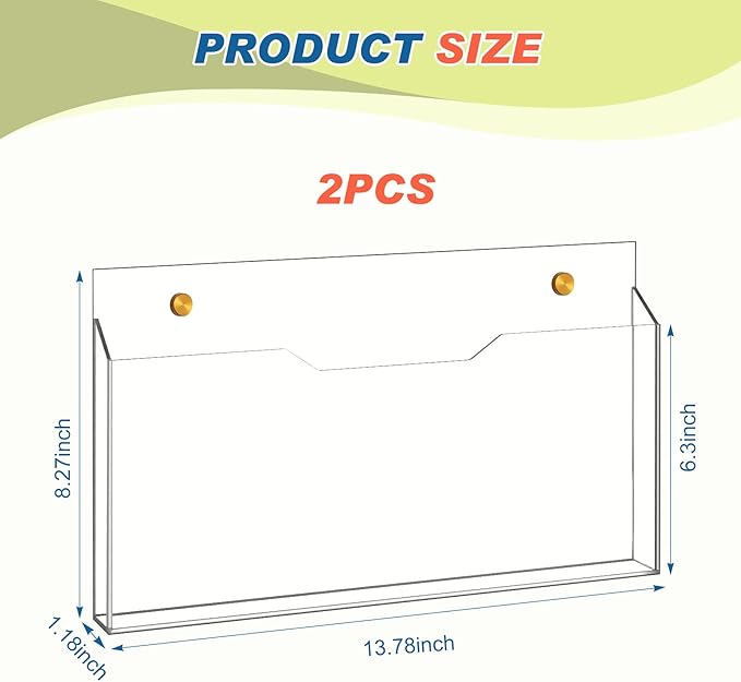 Feifeiya 2Pcs Clear Acrylic File Holder Wall Mount Mail Magazine Organizer File Holders with Screw Wall Office Document Storage Magazine Brochure(14"x8.3"x1.2",Horizontal,Clear)