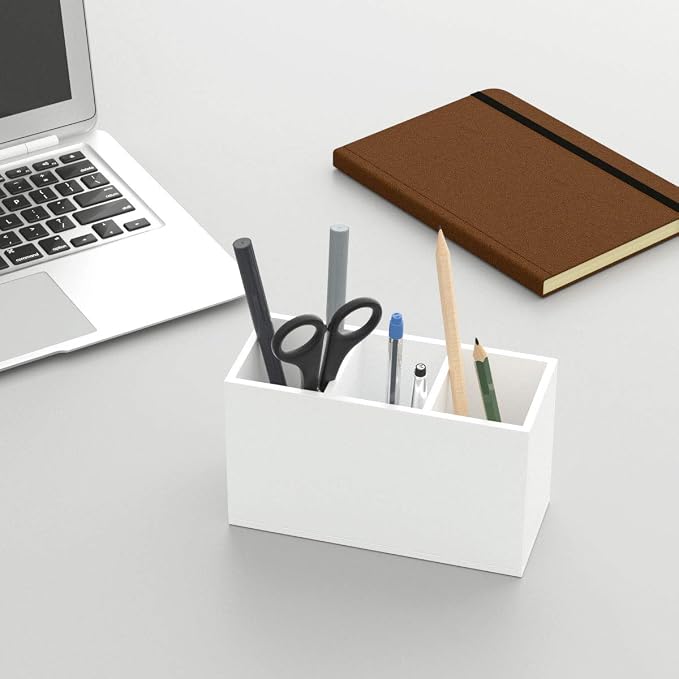 NIUBEE Acrylic Pen Holder 3 Compartments, White Pencil Organizer Cup for Countertop Desk Accessory Storage | Scratch-resistant thick acrylic with 3 slots for pens, pencils, makeup brushes, office, vanity and school use