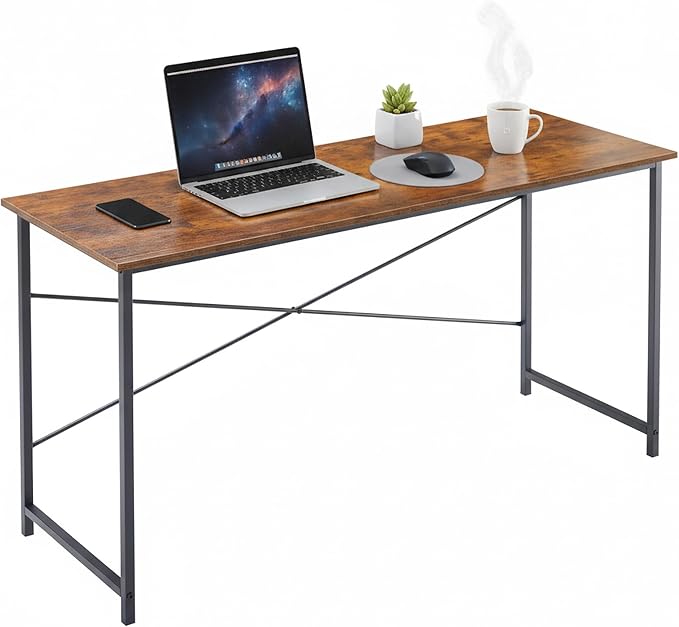 55 Inch Computer Desk, Writing Desk for Home Office Study Workspace | 265 lb Capacity, Reinforced X-Frame, Waterproof MDF Top, Scratch-Resistant Surface, Easy Assembly, Brown