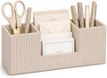 GORESE Pen Holder for Desk, Leather Small Desk Organizer for Office, Beige | 4-Compartment, Vegan Leather, Office Supplies, Desk Caddy Nightstand Organizer for Pen, Pencil, Remote Control, Business Card