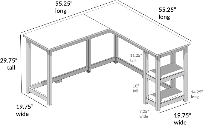 Plank+Beam Classic Desk, L-Shape, 55 Inch, with Shelves, White | Wooden Corner Desk with Shelves, Non-Toxic Finishes, Large Desk Space, Engineered Wood, Matching Style, Solid Wood